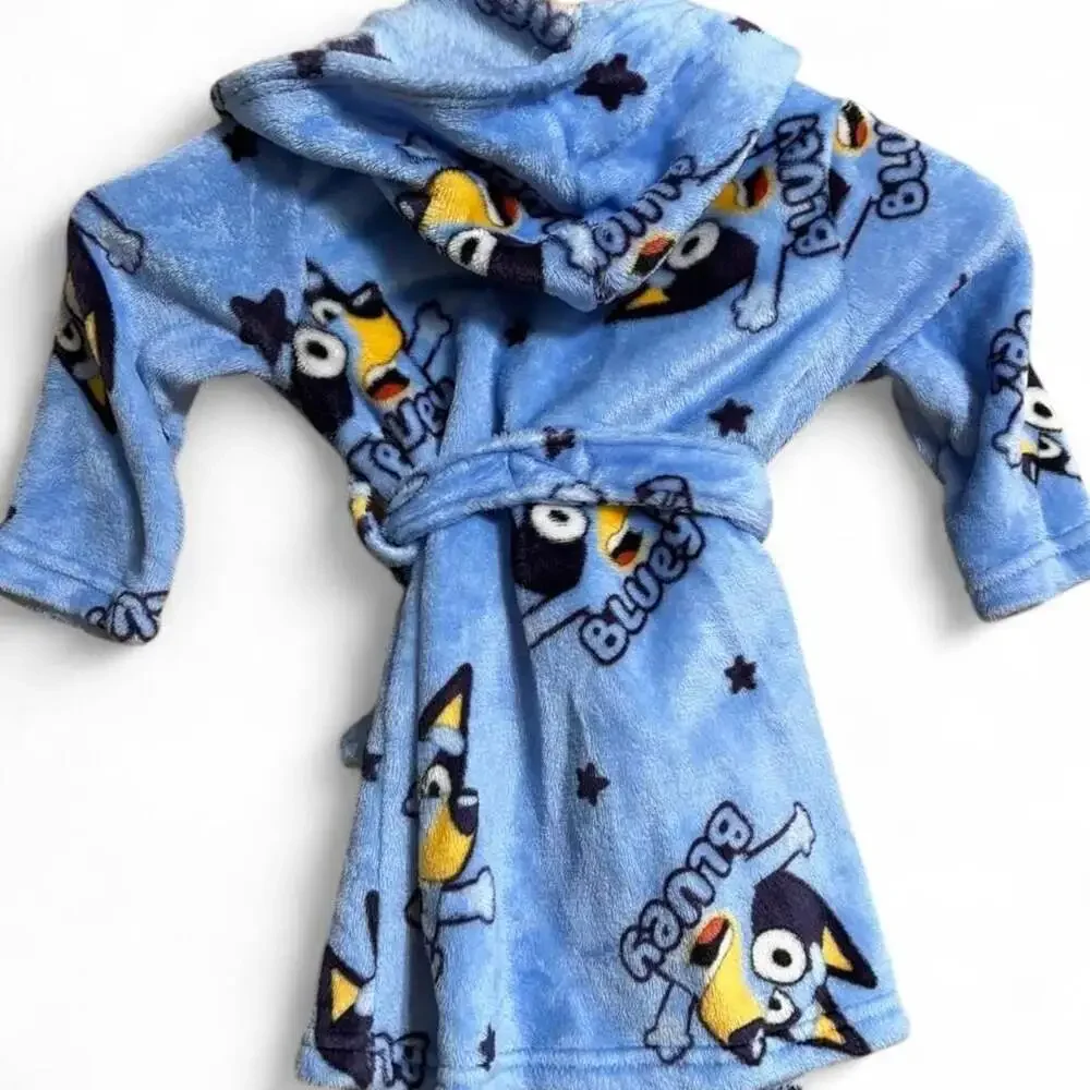 Bluey Kids Fleece Hooded Bathrobe Light Blue Character Print Size 2T